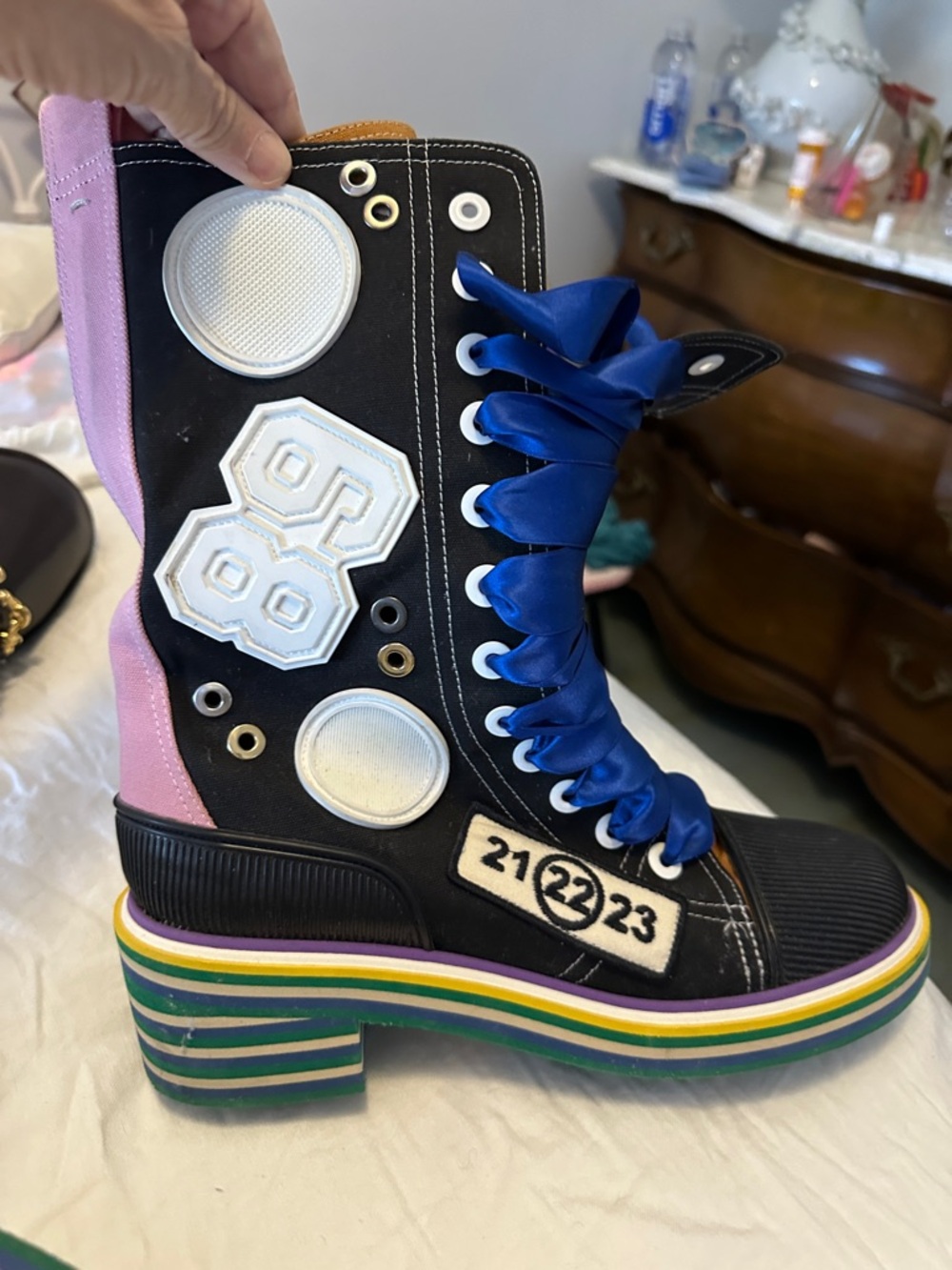 MM6 Maison Martin Margiela Black High-Top Platform Lace-Up Boots with Blue Laces